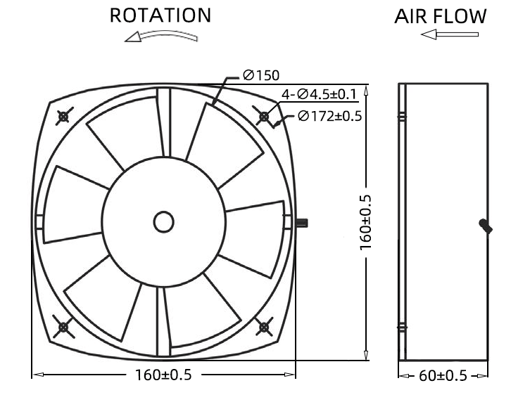 160 × 160 × 60 مم 6 بوصة محمل كروي AC150FZY مروحة محورية AC