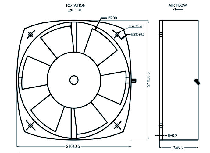 210 × 210 × 70 مم 8 بوصة أسود AC200FZY مروحة محورية AC